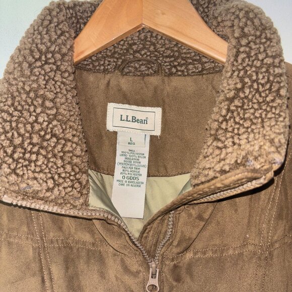 Vintage LL Bean Women's L Faux Suede Quilt Goose Down Parka Coat Sherpa Brown - Picture 3 of 12